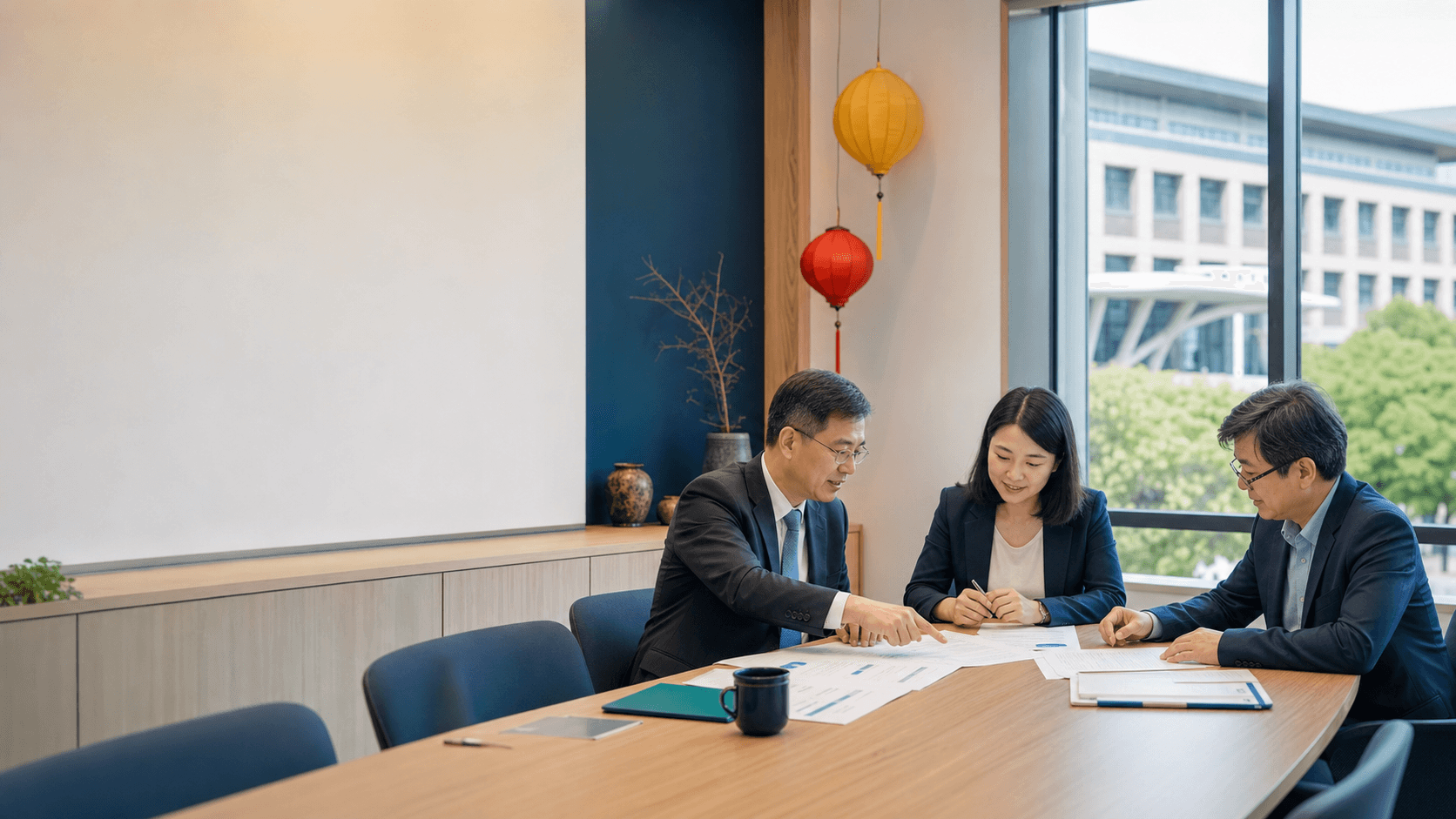 教育合作代表在大學會議室共同審閱文件